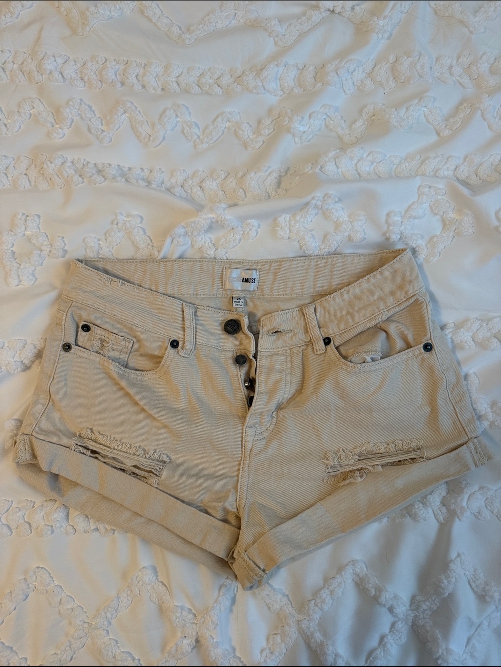 Muse Beige Distressed Denim Shorts